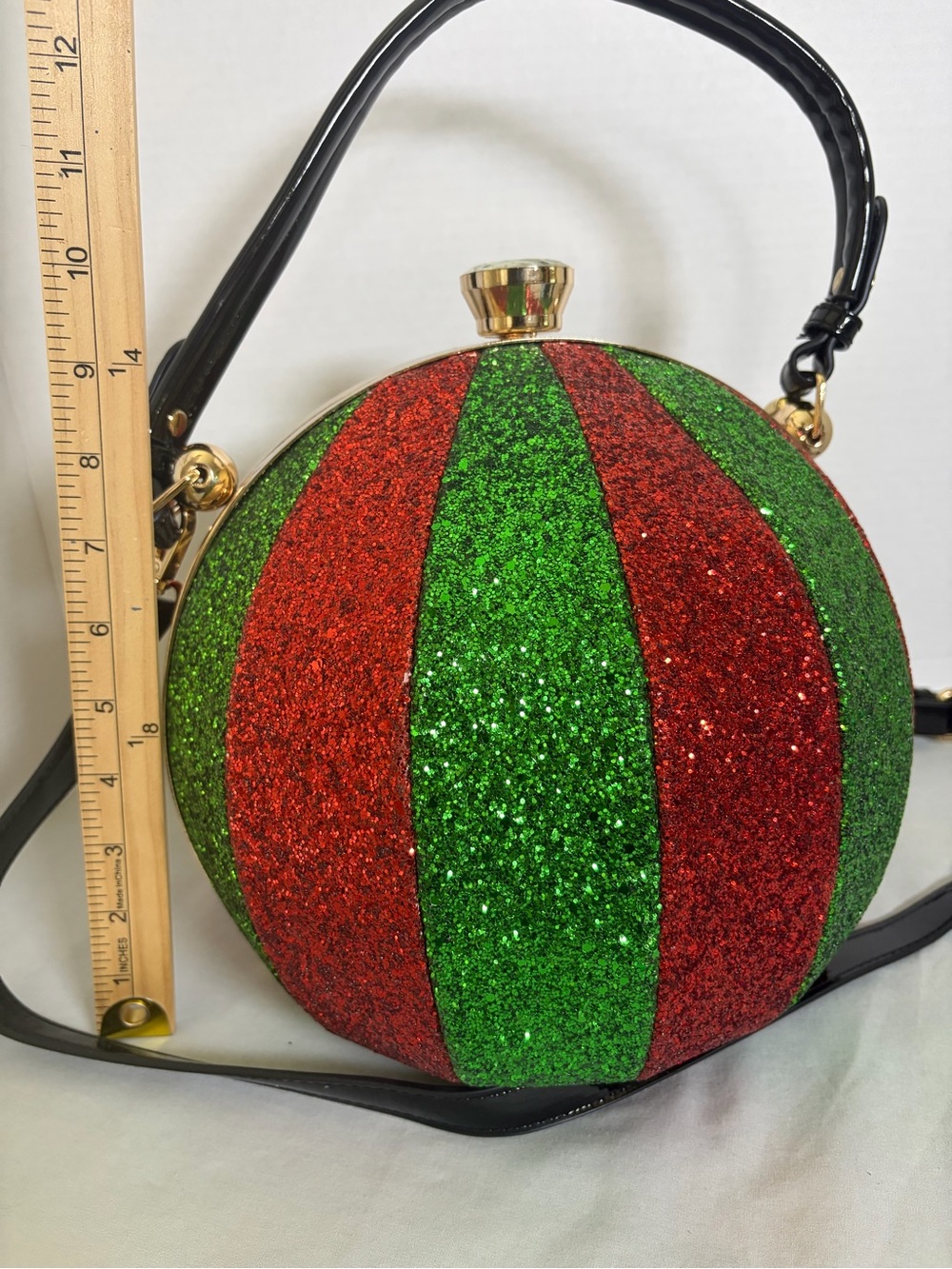 Christmas Ornament Purse Red Green Glitter Round Hard Case Crossbody Bag - Picture 12 of 13